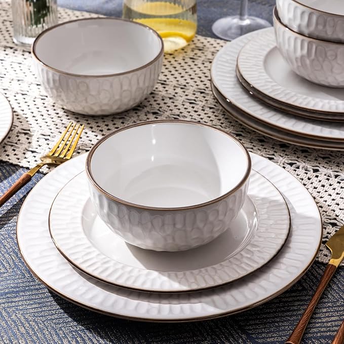 GBHOME Ceramic Dinnerware Sets,18 pcs Embossed Elegant Stoneware Plates and Bowls Sets, Housewarming Wedding Gift | Dishwasher & Microwave Safe | Dishes Set Service for 6