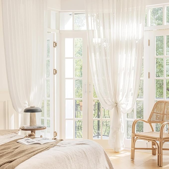 FMFUNCTEX Linen Sheer Curtains for Bedroom, Beige Curtains 84 inches Long for Living Room, Natural Flax Blend Window Draperies for Farmhouse Curtain, Rod Pocket 2 Panels