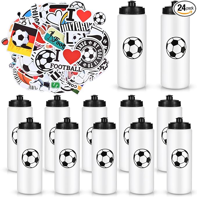 12 Pack Bulk Soccer Sports Water Bottle with 12 Pack Sticker Gift Set, Squeeze BPA-Free Reusable Water Bottles for Soccer Team Party Favors Gift(20OZ)