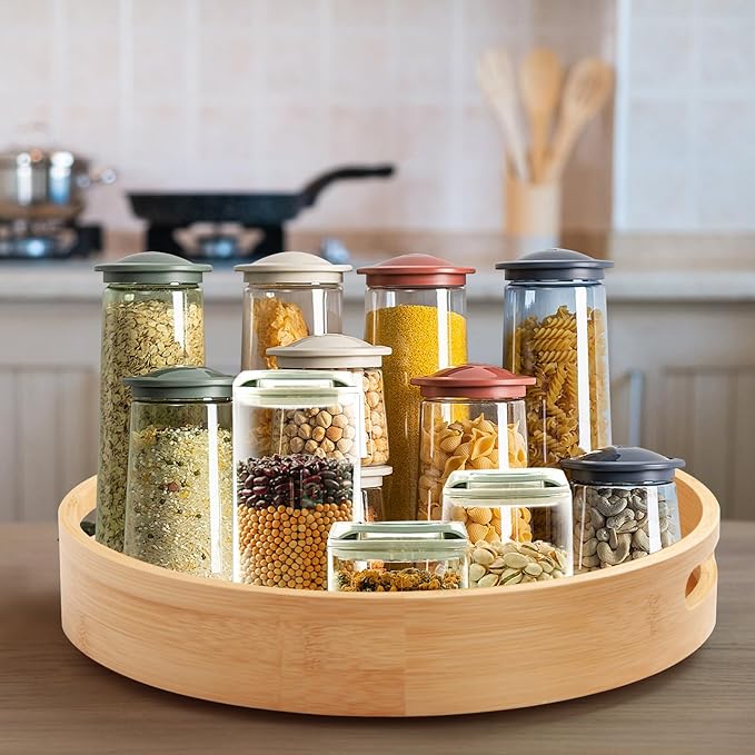 12in Bamboo Lazy Susan Organizer for Countertop and Cabinet with Large and Stable Chassis,Round Rotating Bamboo Tray for Station Organizer,for Kitchen Bathroom Laundry Room (12in)
