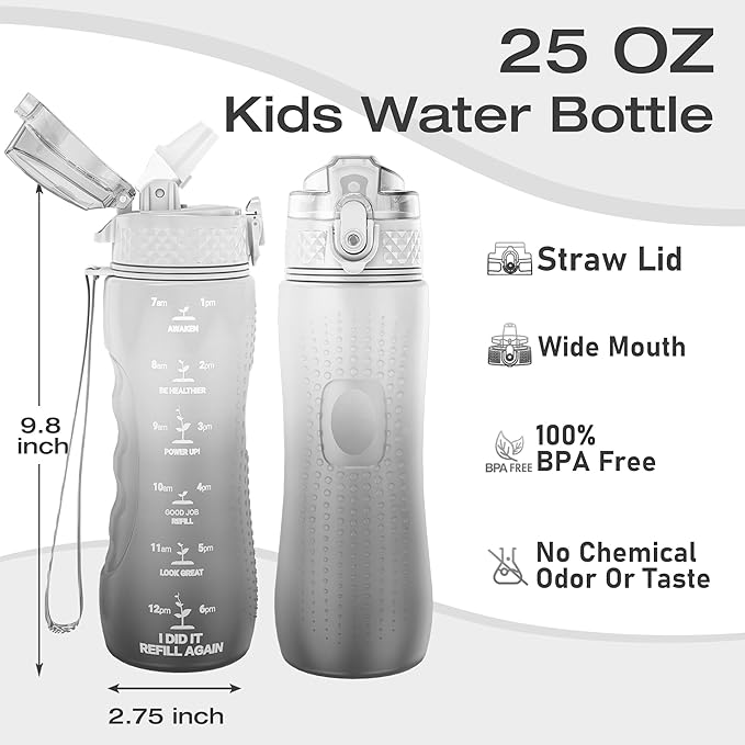 OLDLEY Kids Water Bottle for School, 25 oz (Straw Lid) BPA-Free Reusable Leak-proof Durable Tritan Plastic Water Bottles with One-handed Opening Straw Lids, Anti-dust Spout Cover (White-Black)