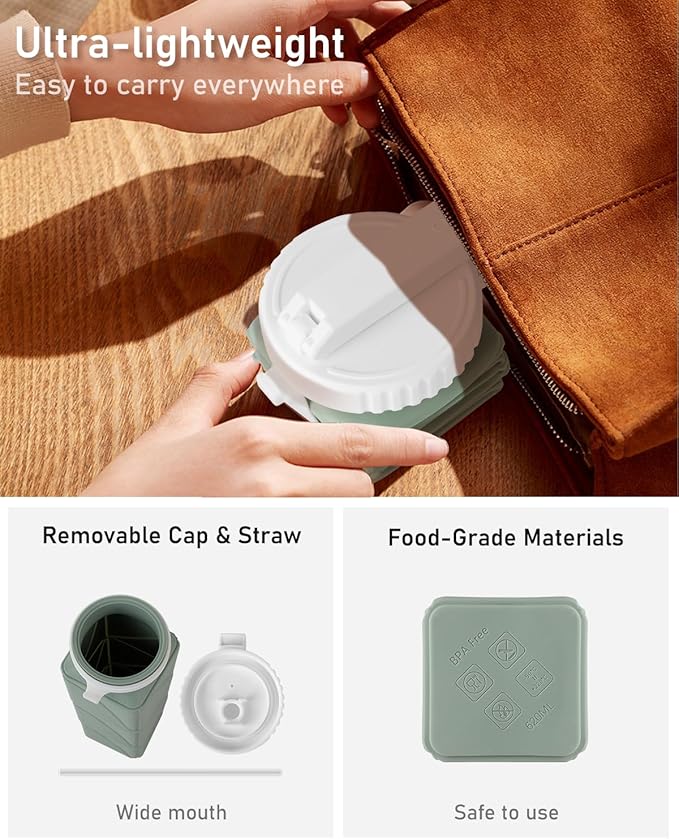 Opard Collapsible Water Bottles 21 Oz - BPA Free, Leak Proof, Foldable Silicone Collapse Water Bottle with Straw, Easy to Compact and Expandable, Travel Essentials Accessories (Green + Pink)