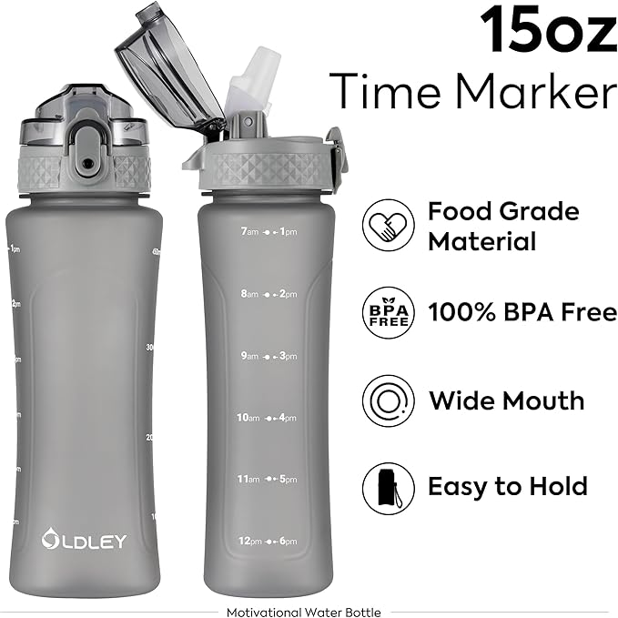OLDLEY Kids Water Bottle with Straw 15 oz BPA-Free Leak-Proof Motivational Water Bottles with Time Marker for School Sports Travel Gym, Easy to Use for Girls Goys, 1 Straw Lid, Grey