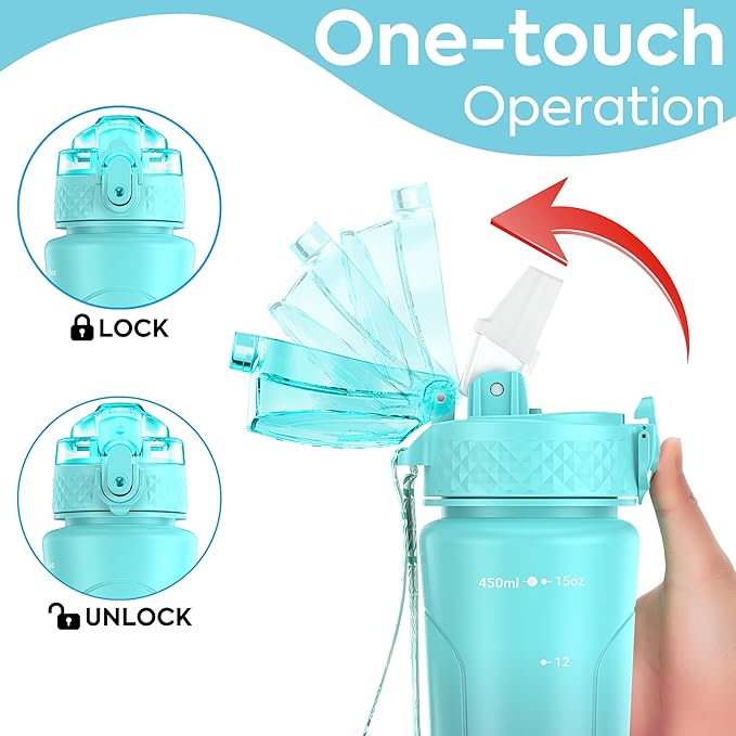OLDLEY Kids Water Bottle with Straw 15 oz BPA-Free Leak-Proof Motivational Water Bottles with Time Marker for School Sports Travel Gym, Easy to Use for Girls Goys, 1 Straw Lid, Blue Grey