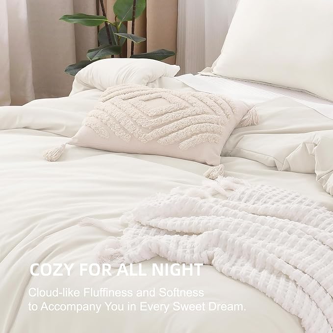 Litanika Ivory Comforter Set Full Size, 3 Pieces Lightweight Solid Bedding Comforter Set, All Season Fluffy Bed Set (79x90In Comforter & 2 Pillowcases)