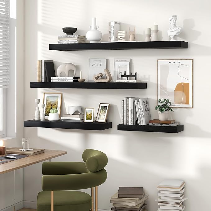 Heimlove 36 Inch Floating Shelves for Wall Set of 2,Black Wall Shelves for Storage & Decor - Heavy Duty with Invisible Brackets,Perfect for Living Room,Bedroom,Home Office