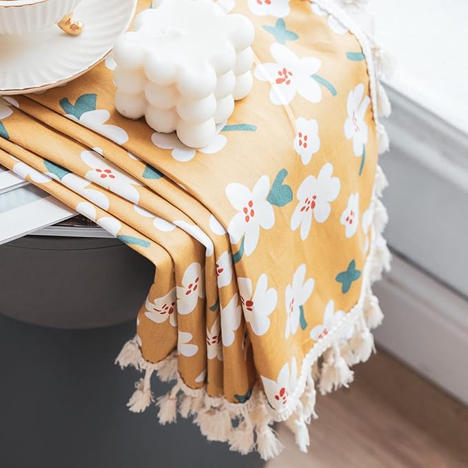 Sutuo Home Boho Curtain Semi-Blackout Yellow Florals Print Cotton Linen Fabric, Handmade Tassels Rod Pocket Bohemian Farmhouse Country Window Drapes for Living Bedroom, 59" W x 84" L, 1 Panel