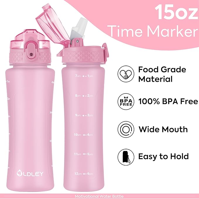 OLDLEY Water Bottle with Straw & Chug Lid for Kids Girls Child, 15 oz Leak-Proof BPA-Free Motivational Water Bottles with Time Marker for School Travel Sports Gym, 2 Lids, Candy Pink
