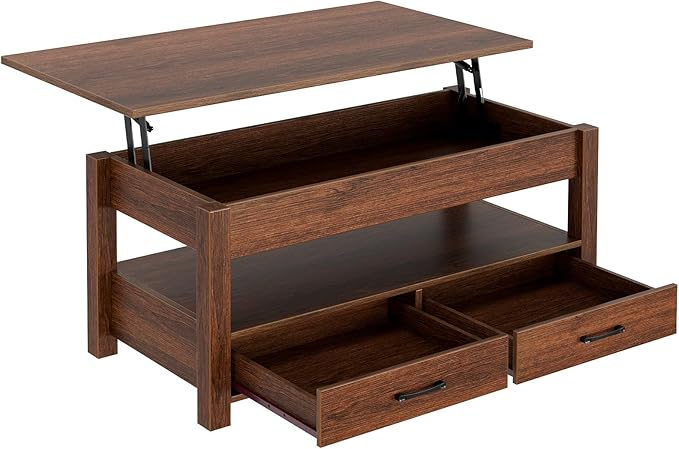 Rolanstar Coffee Table, 47.2" Lift Top Coffee Table with Drawers and Hidden Compartment, Retro Central Table with Wooden Lift Tabletop, for Living Room,Espresso