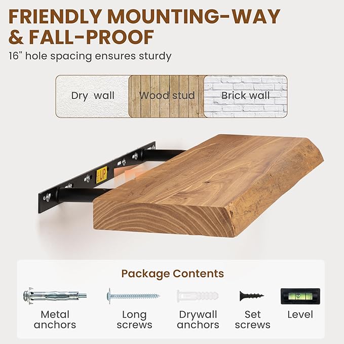 30" Floating Shelves, Live Edge Solid Elm Wood Floating Shelf, Wall Mounted Display Shelves with Heavy-Duty Bracket for Books, Rustic Wooden Shelf for Kitchen, Bathroom, Natural Color, Set of 2