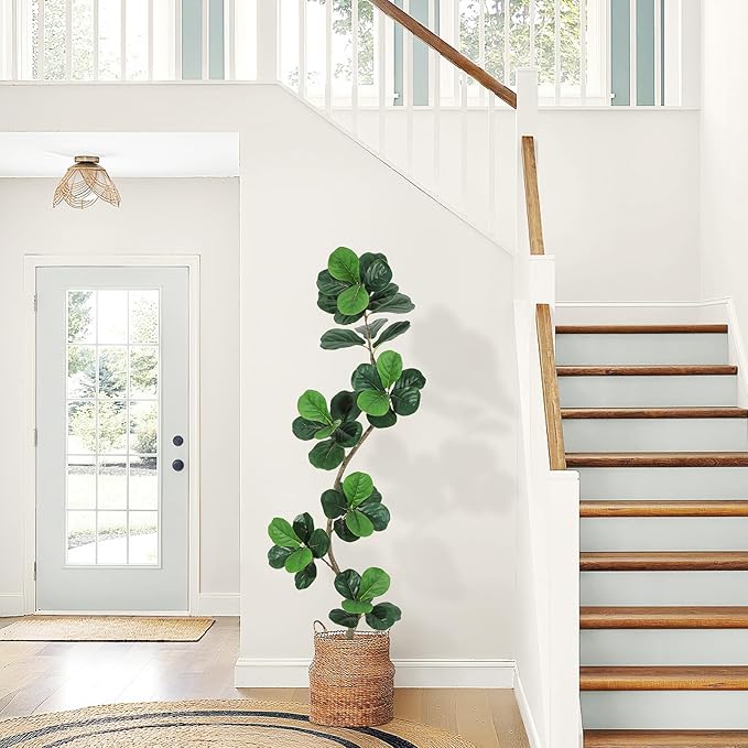 GarveeHome Fiddle Leaf Fig Artificial Tree with White Planter,6ft Faux Plants Indoor with Moss, Fake Rubber Tall Fake Floor Plant in Pot - Artificial Trees for Home Office Living Room Decor