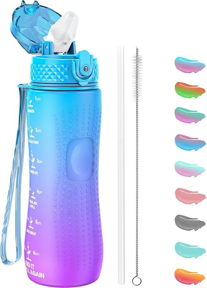 OLDLEY Kids Water Bottle for School, 25 oz (Straw Lid) BPA-Free Reusable Leak-proof Durable Tritan Plastic Water Bottles with One-handed Opening Straw Lids, Anti-dust Spout Cover (Lake)
