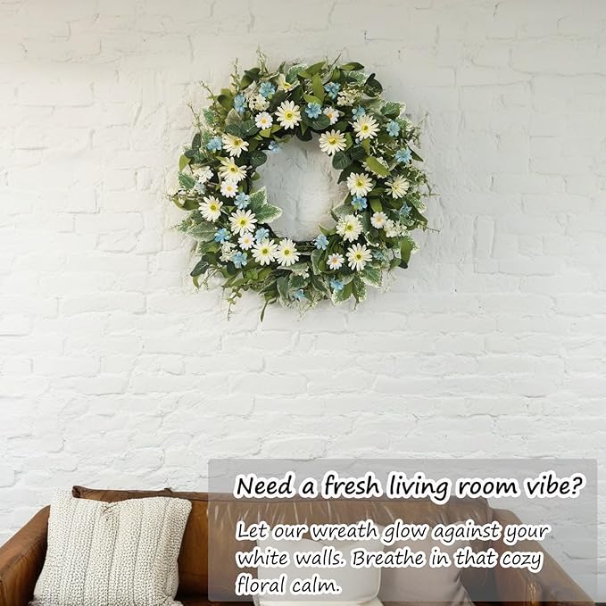 24 Inch Wreaths for Front Door, Large Spring Summer Artifiical Wreath with Blue White Daisy Flower, All Season Floral Wreaths for Porch Window Wall Decor Outside Indoor Outdoor Decorations