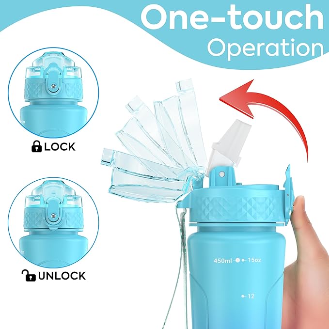 OLDLEY Kids Water Bottle with Straw 15 oz BPA-Free Leak-Proof Motivational Water Bottles with Time Marker for School Sports Travel Gym, Easy to Use for Girls Goys, 1 Straw Lid, Green Blue