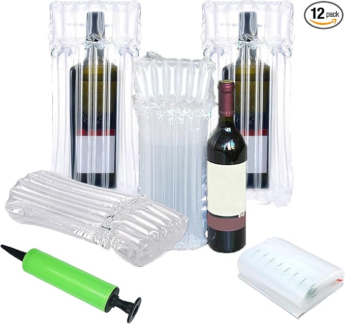 12 Packs Wine Bottle Travel Protector Bags, Inflatable Air Column Packaging Bubble Bag, Reusable Wine Bottle Protector,Wine Bottle Shipping & Packaging, Airplane Trave,with Free Inflator Pump.