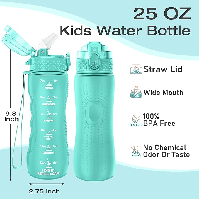 OLDLEY Kids Water Bottle for School, 25 oz (Straw Lid) BPA-Free Reusable Leak-proof Durable Tritan Plastic Water Bottles with One-handed Opening Straw Lids, Anti-dust Spout Cover (Mint Green)