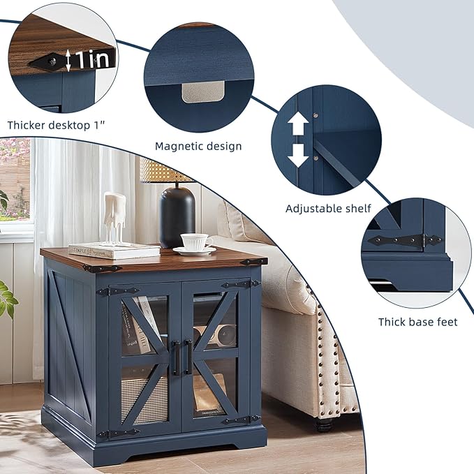 24" End Table with Charging Station, Farmhouse Night Stand with Glass Barn Door, White Nightstands with Adjustable Storage Shelf, Large Wood Square Bed Side Table for Living Room,Bedroom
