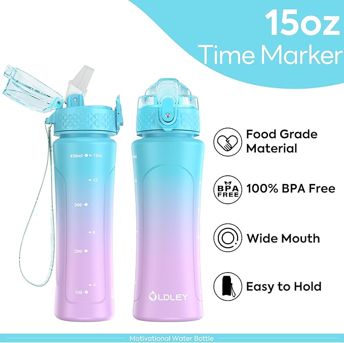 OLDLEY Kids Water Bottle with Straw 15 oz BPA-Free Leak-Proof Motivational Water Bottles with Time Marker for School Sports Travel Gym, Easy to Use for Girls Goys, 1 Straw Lid, Blue Purple