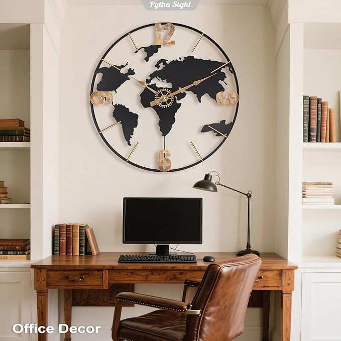 22 Inch Large Wall Clock,Modern Decorative Big World Map with Vintage Gold Arabic Numeral Extra Giant Metal Oversized Wall Clocks for Living Room,Office,Kitchen,Dining Room,Bedroom