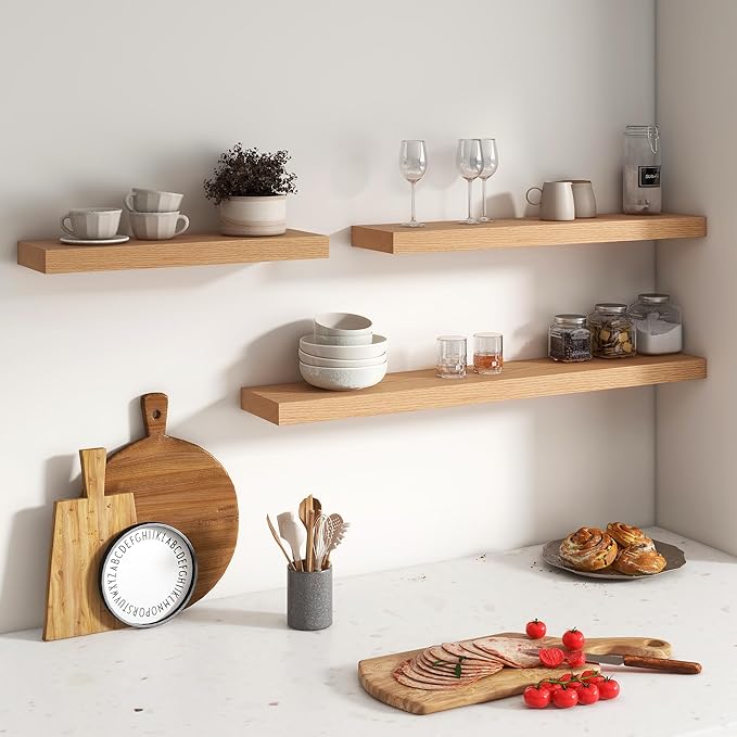 Floating Shelves for Wall, USA-Sourced Oak Wood 24 Inch Wall Shelves Set of 2, Natural Wooden Wall Mounted Picture Ledge Shelf, Nursery Book Storage Shelf Kids Bookshelf, Display Shelf for Bathroom