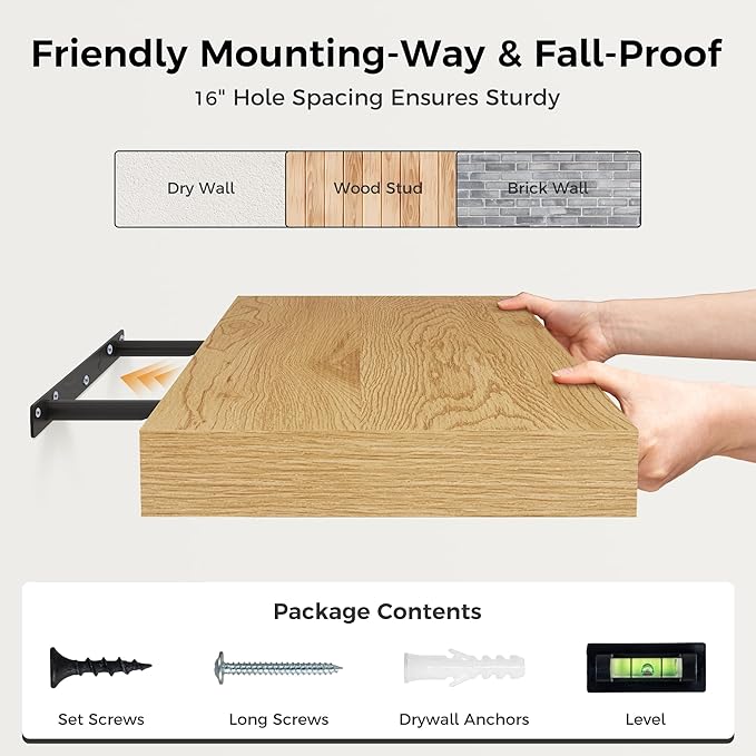 30 Inch Floating Shelves, 12 Inch Deep Floating Shelves for Wall, Rustic Wood 30 x 12 Shelves for Wall Storage & Display, 2 Inch Thicked Floating Shelf for Bathroom, Living Room, Oak Color, 2 Pack