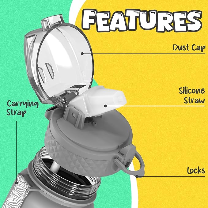 OLDLEY Kids Water Bottle for School, 17 oz (Straw Lid) BPA-Free Reusable Leak-proof Durable Tritan Plastic Water Bottles with One-handed Opening Straw Lids, Anti-dust Spout Cover (Grey)
