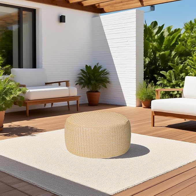 Outdoor Inflatable Ottoman with Air Pump, Fade-Resistant Patio Footrest Stool D21”x H9”, Round Pouf Ottoman with Portable Handle Suitable for Garden, Camping, Bedroom, Living Room