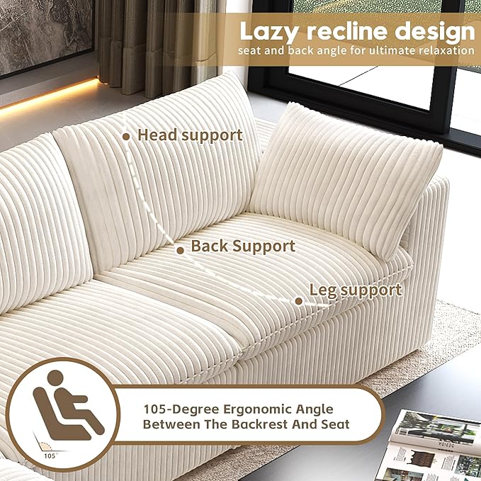 157.5" 4-Seater Cloud Sofa,Modular Sectional Couch,Modern Deep Seat Upholstered Couches with Plush Corduroy Fabric for Living Room Furniture,Bedroom and Apartment,No Assembly Required,White