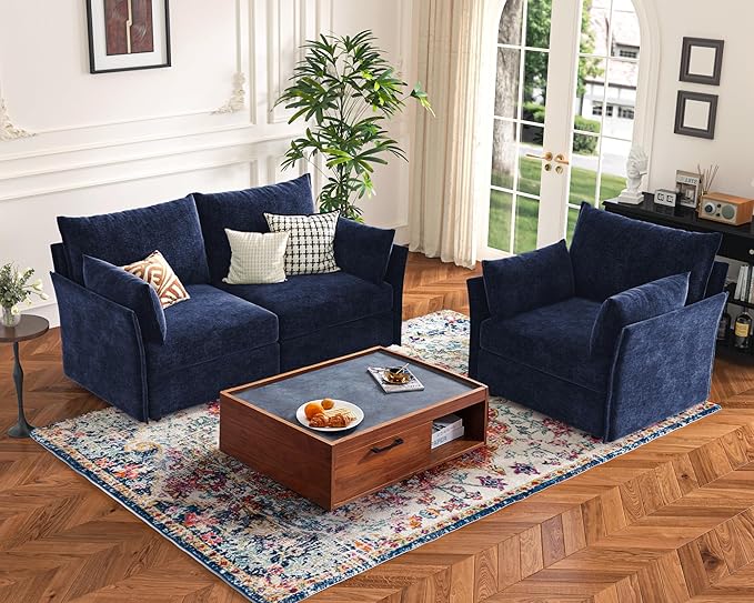 102.6" Modular Sectional Sofa, Oversized 3-Seater Blue Couch with Removable Chenille Fabric Cover, Deep Seat & High Backrest for Living Room, Office & Apartment