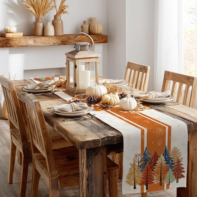 GEEORY Fall Watercolor Tree & Maple Leaves Striped Table Runner 13x36 Inch, Rustic Farmhouse Autumn Thanksgiving Decor for Kitchen, Dining, Indoor/Outdoor Holiday Dinner Party Orange GT157-36