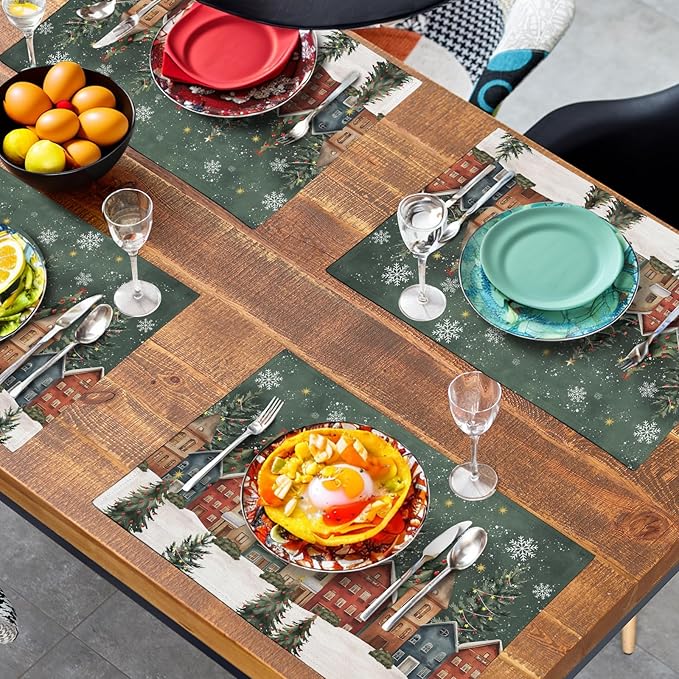 Christmas Placemats 12x18 Inch Set of 4, Winter Xmas Tree Wonderland Forest Village Town House Snowflake Linen Table Mats Washable Place Mats for Party Kitchen Dining Outdoor Indoor Decor