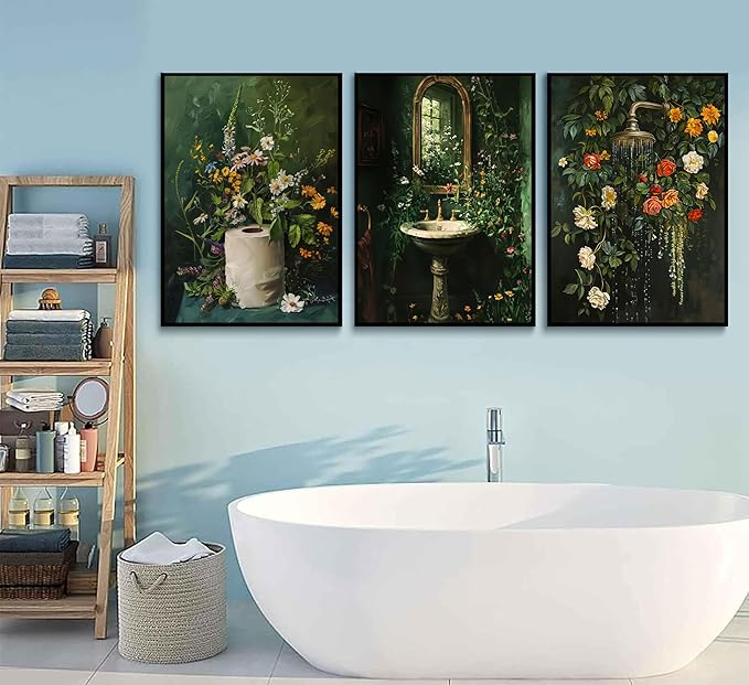 3Pcs Vintage Dark Green Bathroom Wall Art Shower Toilet Paper Roll Floral Poster Print Modern Farmhouse plants Painting Picture Wall Decor For Bathroom Living Room Decoration Unframed