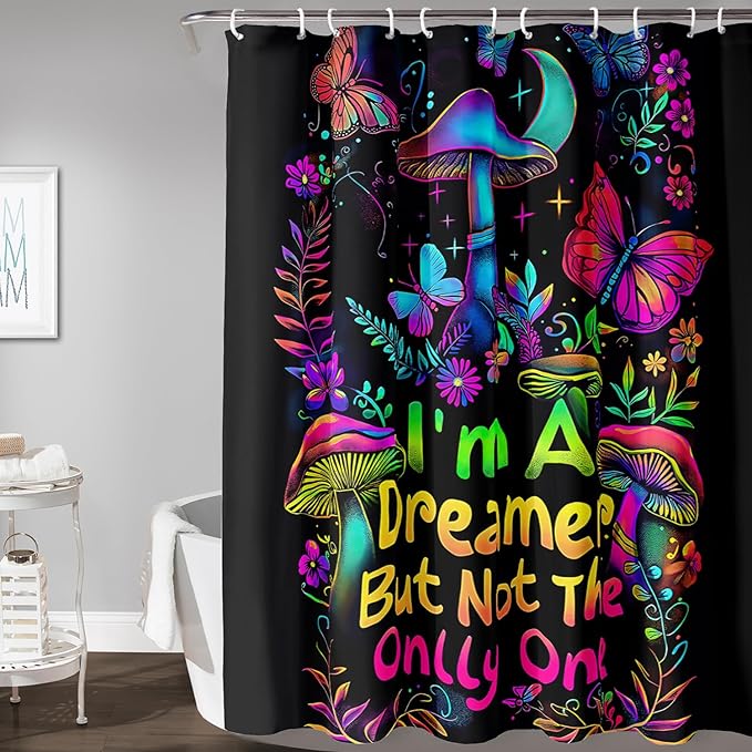AILONEN Mushroom Shower Curtain,Colorful Butterfly Flower Decoration,Polyester Fabric,Waterproof,Botanical Fungus Plants Black Bath Curtains Washable,with 12 Plastic Hooks, 72" W x 78" H