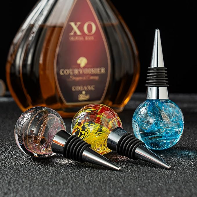 Pack of 3 Wine Bottle Stopper, Galaxy Pattern Art Murano Glass Wine Stopper, Multicolor Leak-Proof and Reusable Wine Saver, Preserves Beverage Freshness
