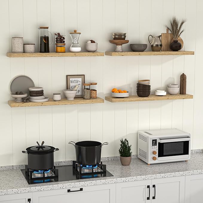 Fun Memories Floating Shelves for Wall Decor, 48"x8" Rustic Reclaimed Wood Shelves, Heavy-Duty Wall Mounted Shelves with Invisible Brackets for Living Room, Bedroom, Kitchen, Natural Finish, Set of 2