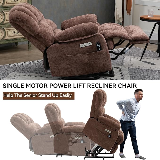 Large Power Lift Recliner Chair with Massage and Heat for Elderly, Ergonomic Backrest, Infinite Adjust, 2 Side Pockets,USB and Type-C Ports, Chenille Brown