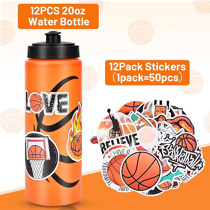 12 Pack Bulk Basketball Sports Water Bottle with 12 Pack Sticker Gift Set, Squeeze BPA-Free Reusable Water Bottles for Basketball Team Party Favors Gift(20OZ)