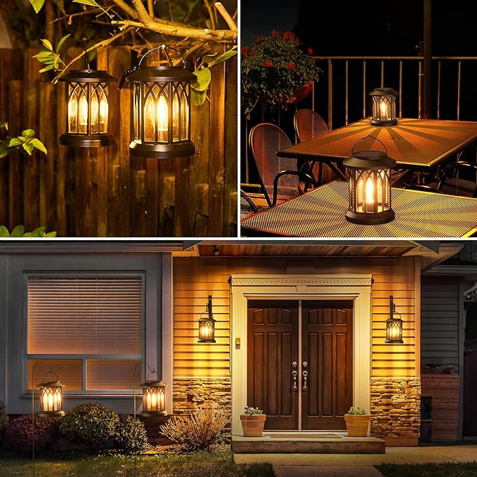WdtPro Solar Lanterns Outdoor Hanging 4 Pack, Upgraded Bright Waterproof Lantern for Outside, Over 12Hrs Powered Lights for Garden, Yard, Patio Decor (Warm Light)