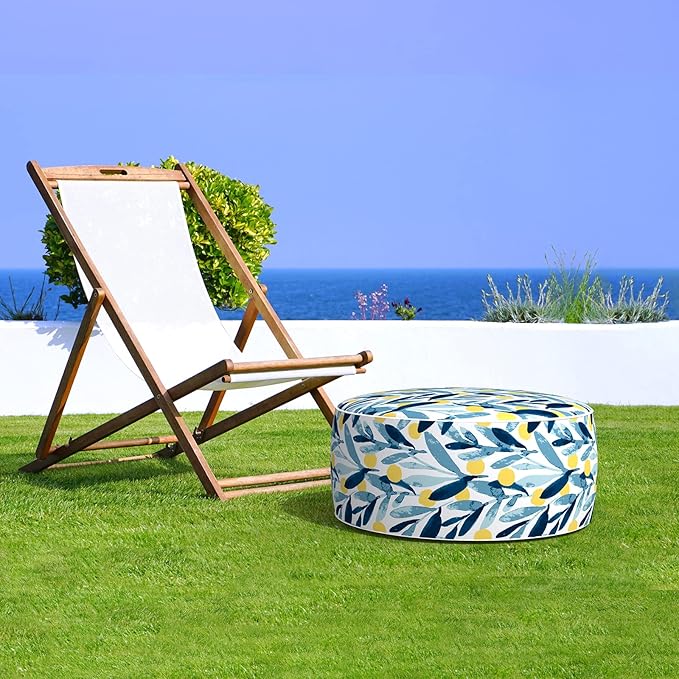 LVTXIII Outdoor/Indoor Inflatable Stool Ottoman, All Weather Patio Footrest Pouf, Portable Round Ottoman for Patio Garden, Camping or Home, D21xH9 Inches, Blue Leaves