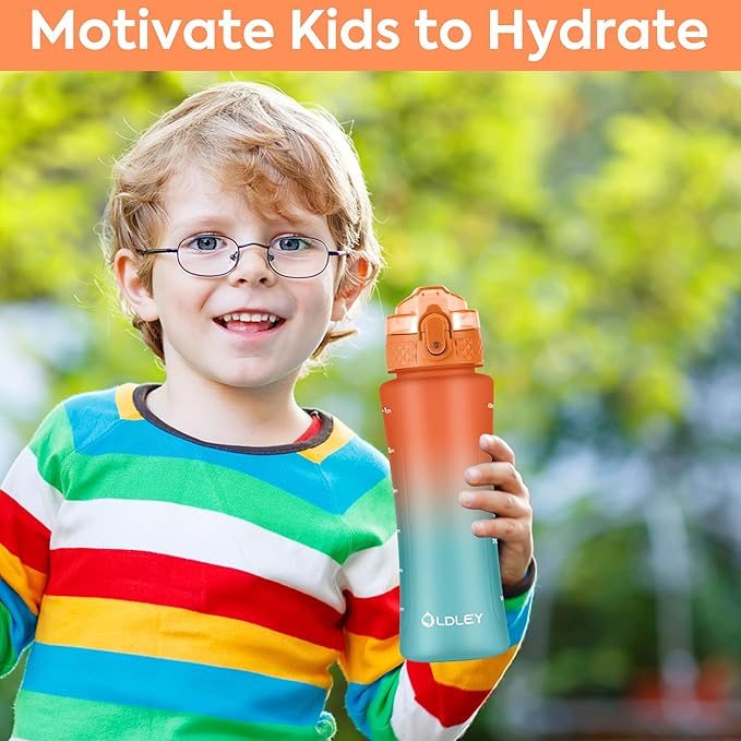 OLDLEY Kids Water Bottle with Straw 15 oz Motivational Water Bottles with Time Marker for School Travel, Spill Proof Sports Water Bottle for Girls Boys,1 Straw Lid,Orange/Green