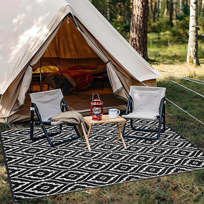 OLANLY Outdoor Rug 9x12 ft Waterproof, Outdoor Plastic Straw Rug with Geometric Pattern Clearance, Reversible RV Mat for Patio, Camping, Balcony, Deck, Backyard, Black & White