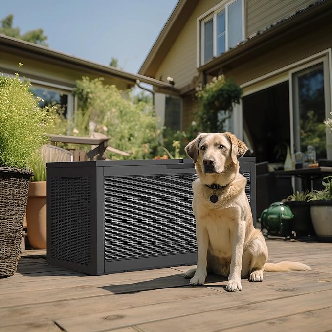 100 Gallon Outdoor Storage Box,Large Waterproof Resin Deck Box,Lockable Storage Container with Reinforced Support for Patio Cushions,Garden Tools,UV-ResistantοΌBlack RattanοΌ