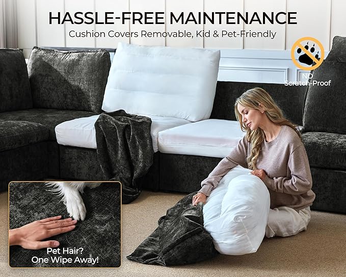 Oversized Modular Sofa Comfy Cloud Couch with Storage, Extra Deep Plush Sectional Sofa Set for Living Room, Covers Washable, Chenille, Olar (Black, 4-Seater with Ottoman, l-Shaped)