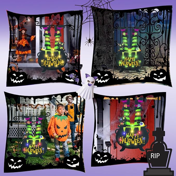 Halloween Lighted Garden Flag for Outside, Witch Feet Shape Flag Yard Decor, 8 Modes 12x18 Double Sided Cauldron Eyeball Black Cat Outdoor Hlloween Decorations for Home Porch