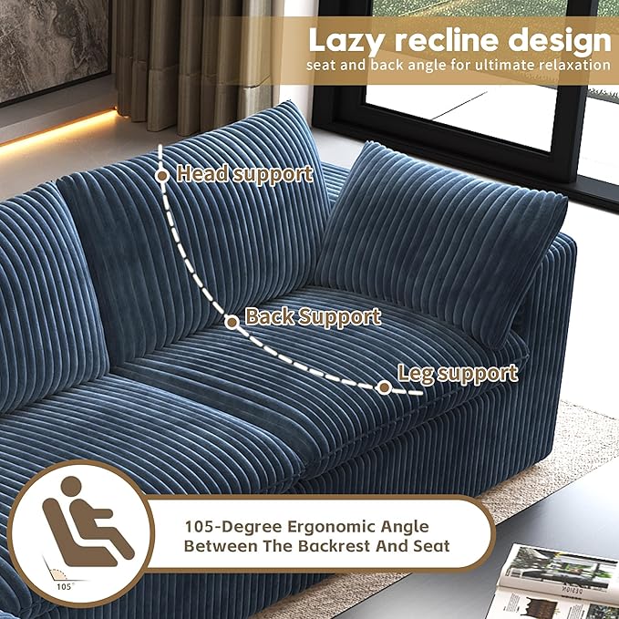 118" 6-Seater Cloud Sofa,Modular Sectional Couch with Ottoman,Modern Deep Seat Upholstered Couches with Plush Corduroy Fabric for Living Room Furniture,Bedroom and Apartment,No Assembly Required,Blue