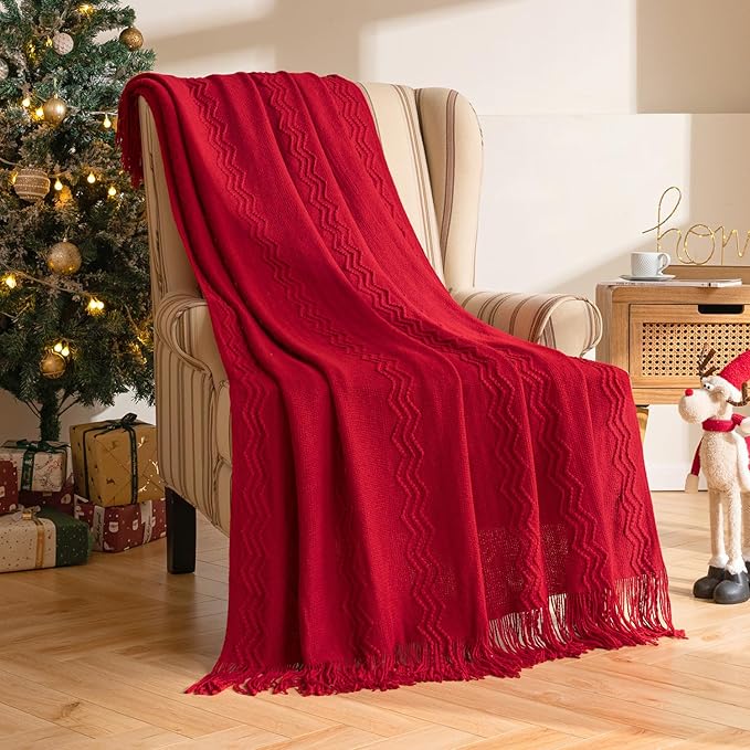 MIULEE Red Knitted Throw Blanket for Couch Boho Textured Cozy Woven Blanket with Tassels for Sofa Chair Bed Living Room Acrylic Wave Pattern 60"x80"