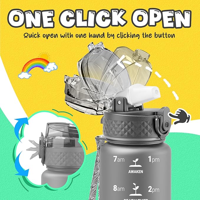 OLDLEY Kids Water Bottle for School, 17 oz (Straw Lid) BPA-Free Reusable Leak-proof Durable Tritan Plastic Water Bottles with One-handed Opening Straw Lids, Anti-dust Spout Cover (Grey)