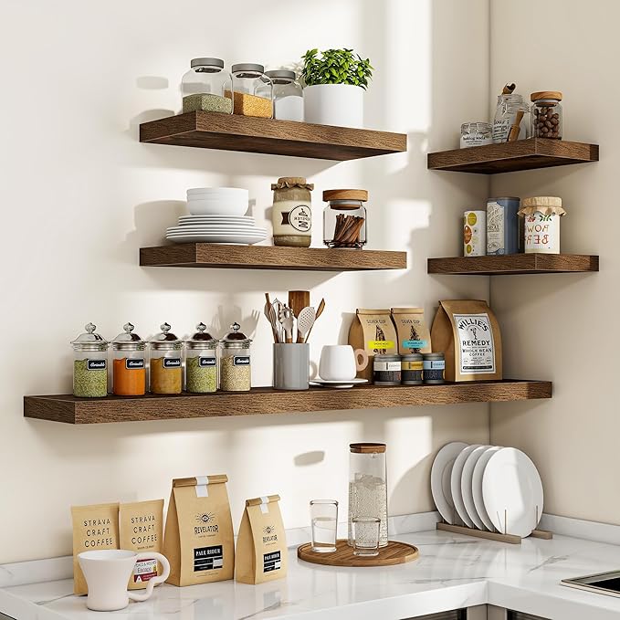 16 Inch Floating Shelves, 16"x9.25"x1.5" Inch Deep Floating Shelves for Wall, Wooden Shelves for Bathroom, Bedroom, Living Room, Brown