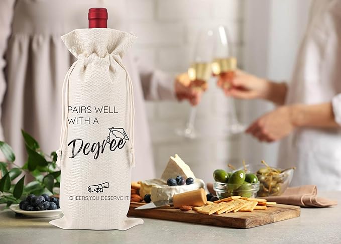 Pairs Well With A Degree,Graduation Gift,Graduation Wine Gift Bags,Congrats Grad,Graduation Party Favors Masters Degree Gift,Master's Degree Wine Label,Party Supplies,1 Drawstring Gift Wine Bag,Q26