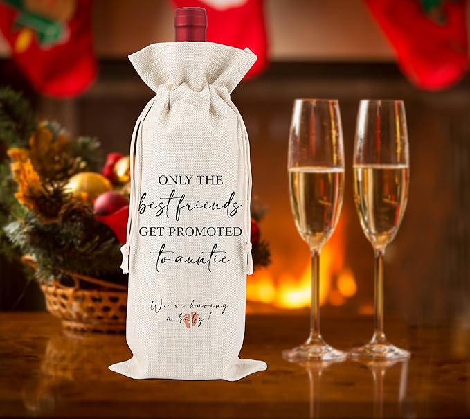 Only The Best friends Get Promoted To Auntie,Pregnancy Announcement Wine Label,New Aunt Gifts,Baby Announcement to Friends,Pregnancy Reveal,Gifts for aunts, uncles,1 Drawstring Gift Wine Bag,Q23